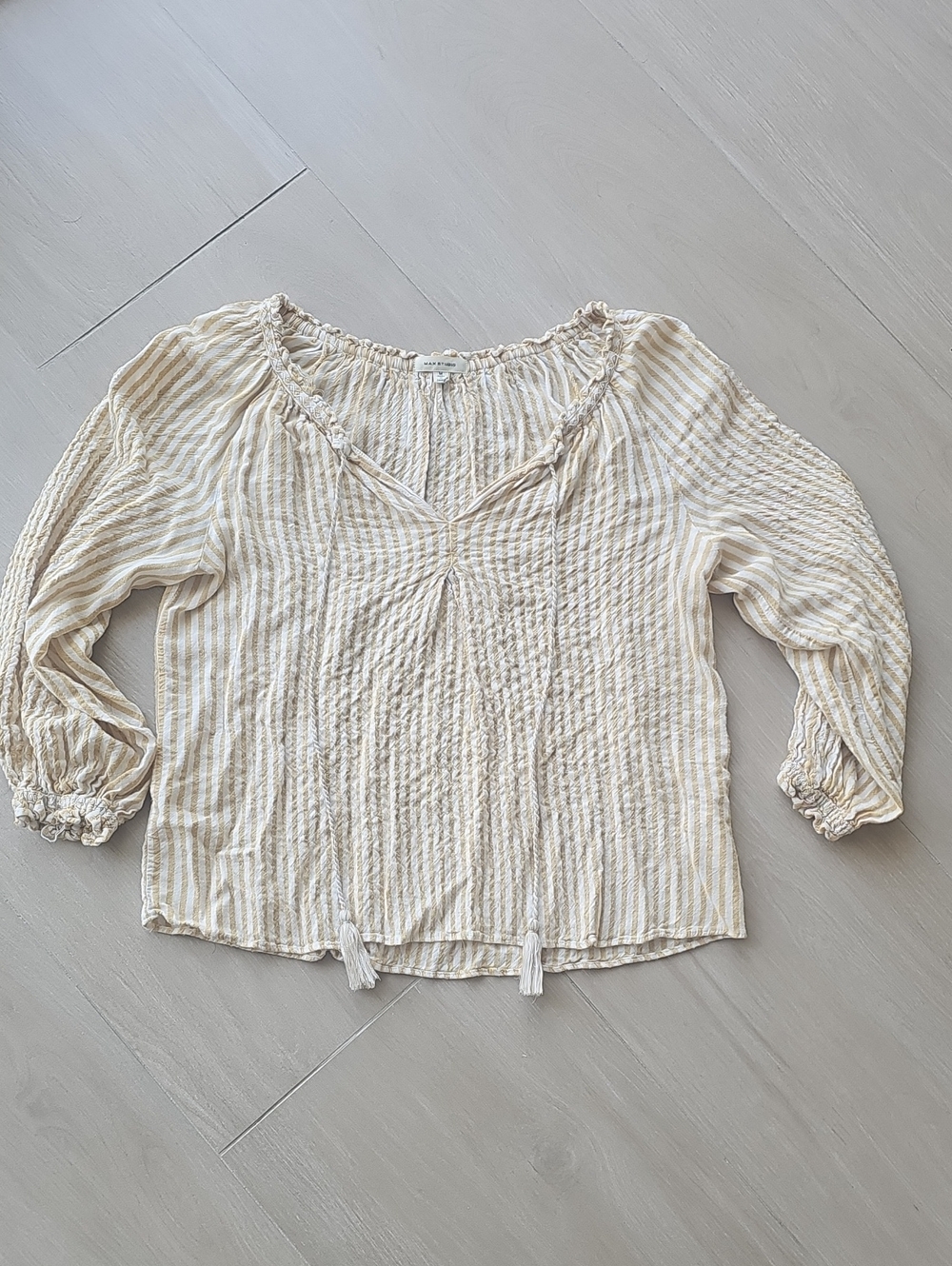 Max Studio Yellow and White Striped Peasant Blouse